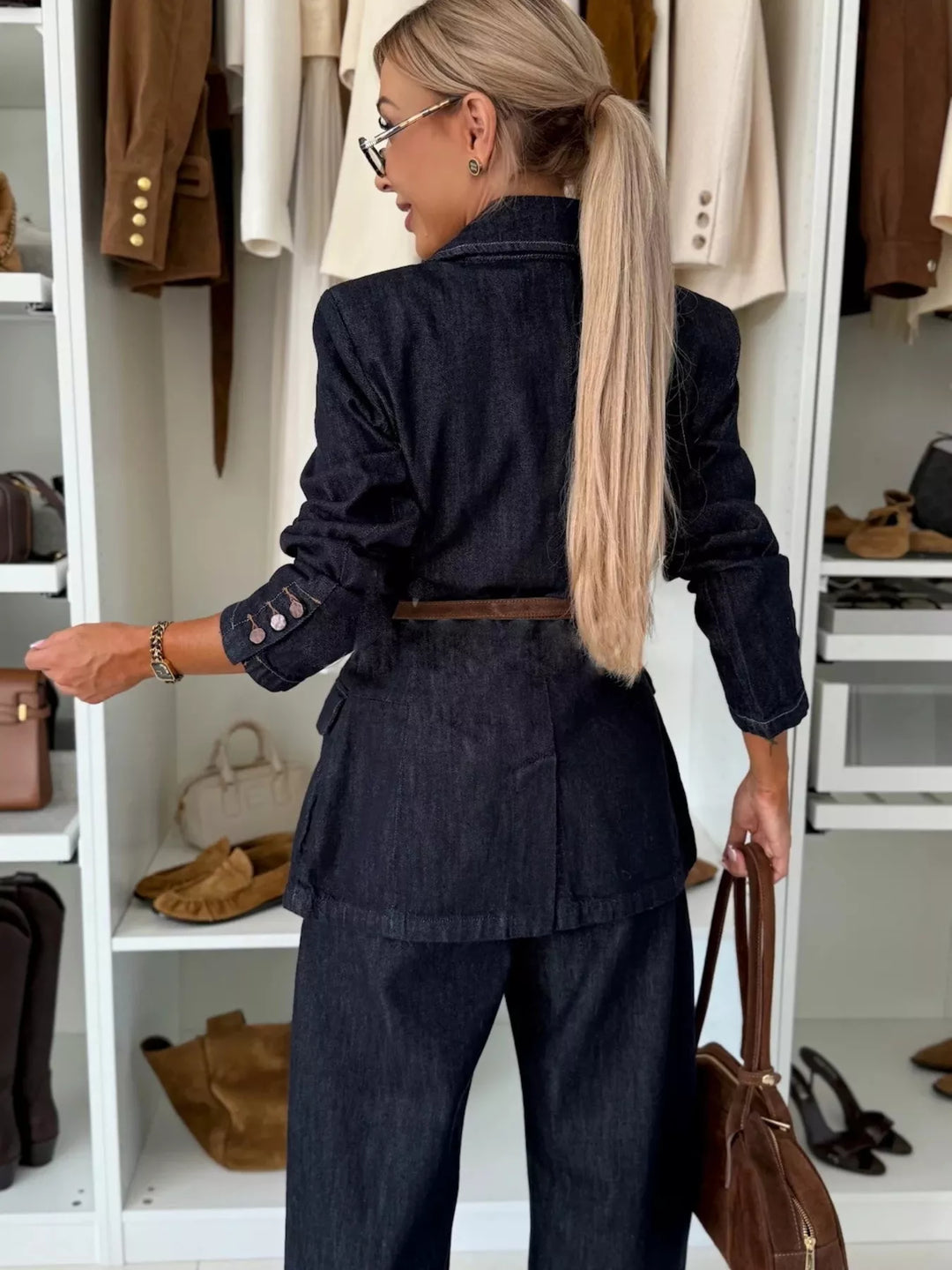 Single-breasted denim blazer and wide-leg jeans set