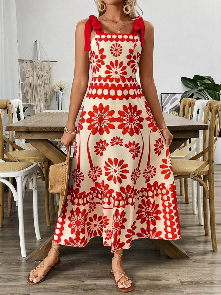 Red Tie-shoulder floral midi dress with tiered ruffle hem