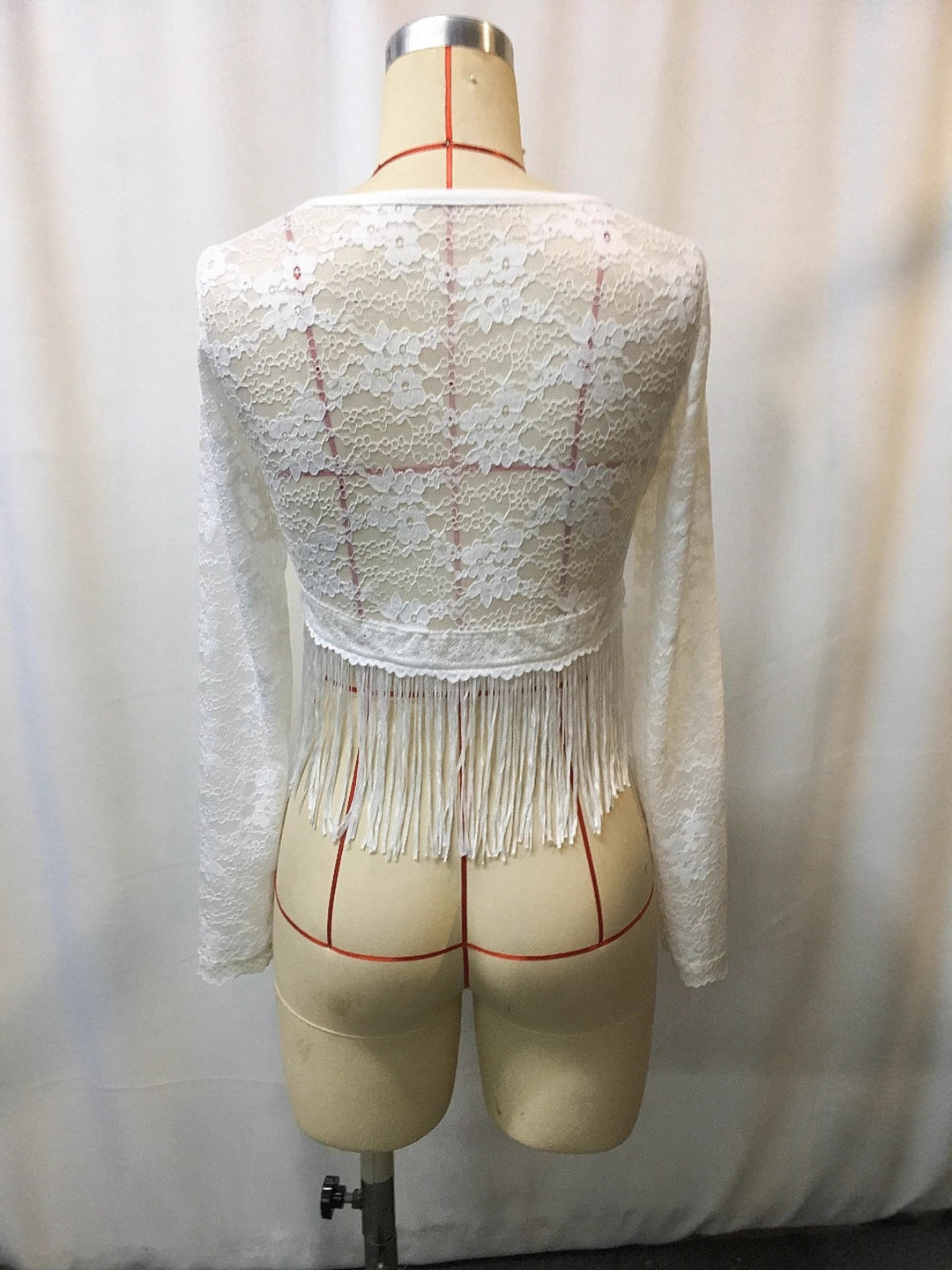 Long sleeve sheer lace crop top with fringe hem