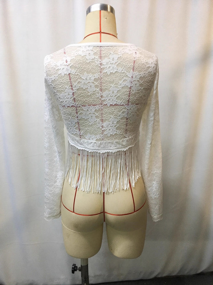 Long sleeve sheer lace crop top with fringe hem