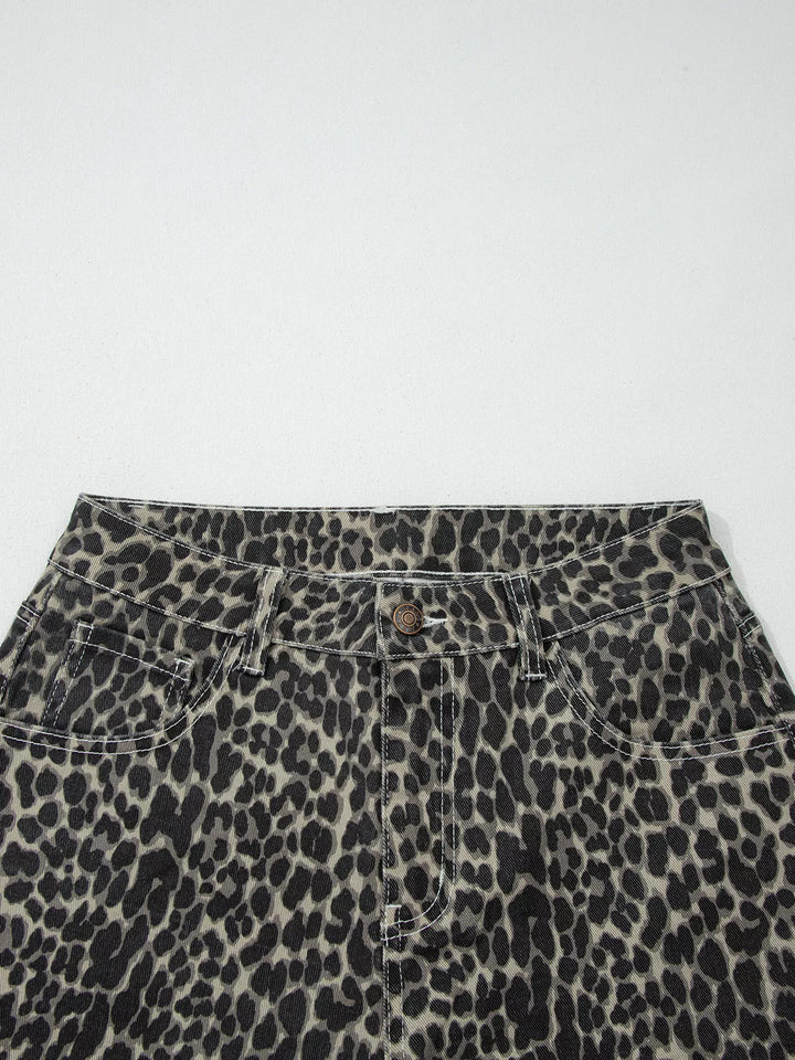 Leopard print high-rise barrel-leg jeans with pockets