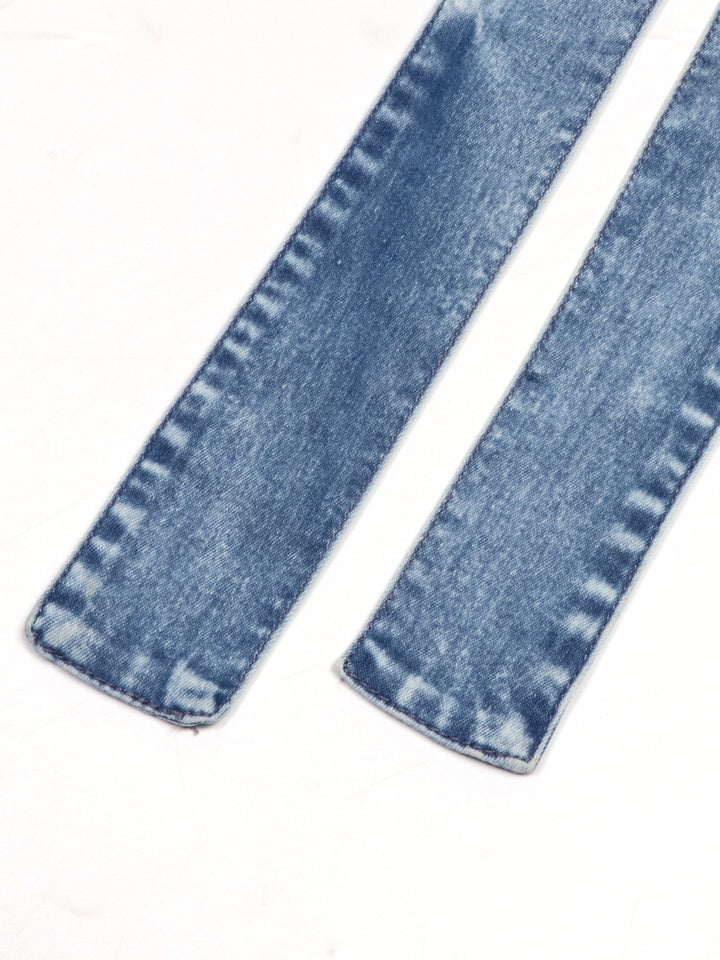 Sleeveless button-front denim mini dress with tie belt