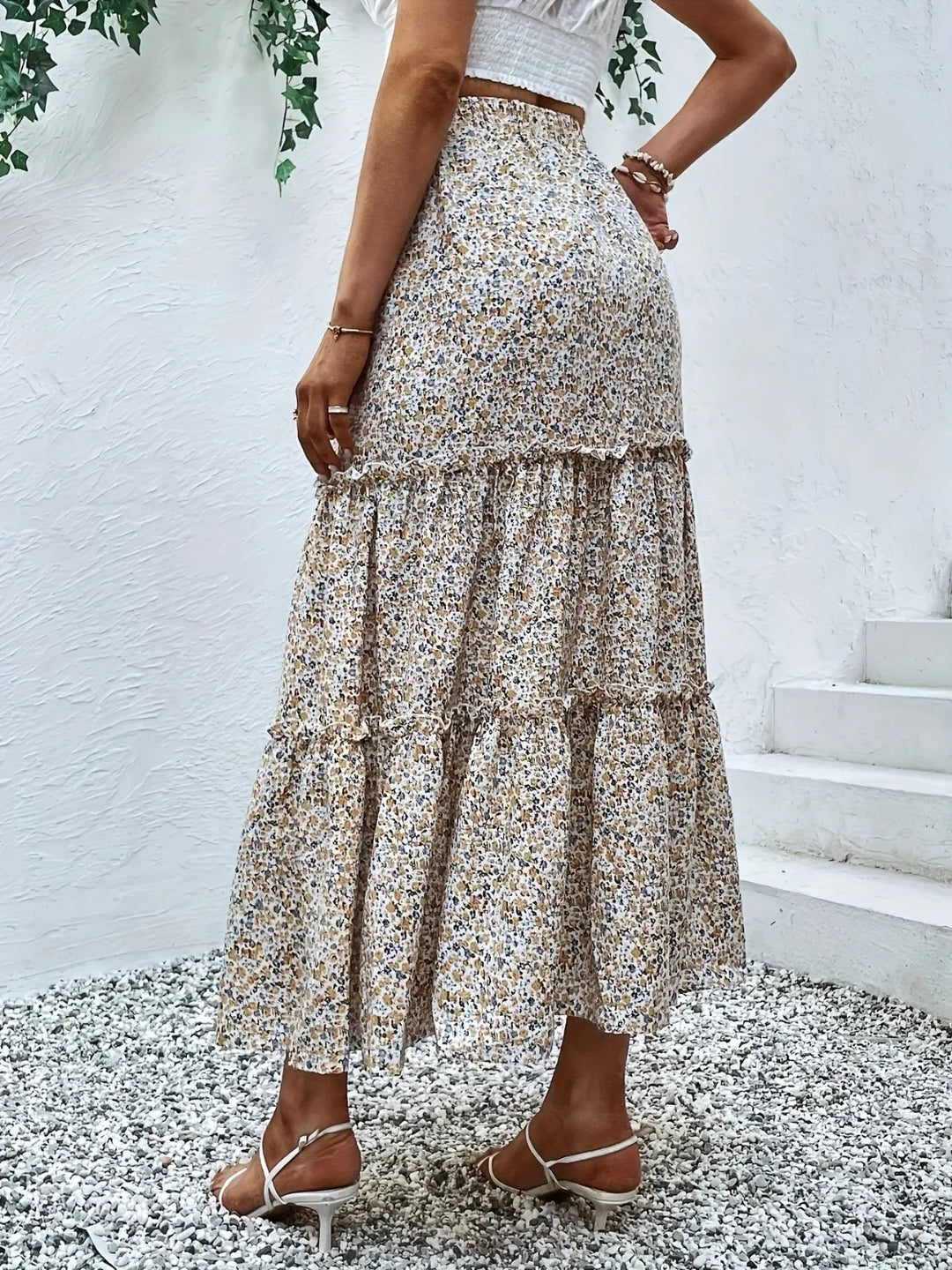 Tiered ruffle maxi skirt with all-over floral print