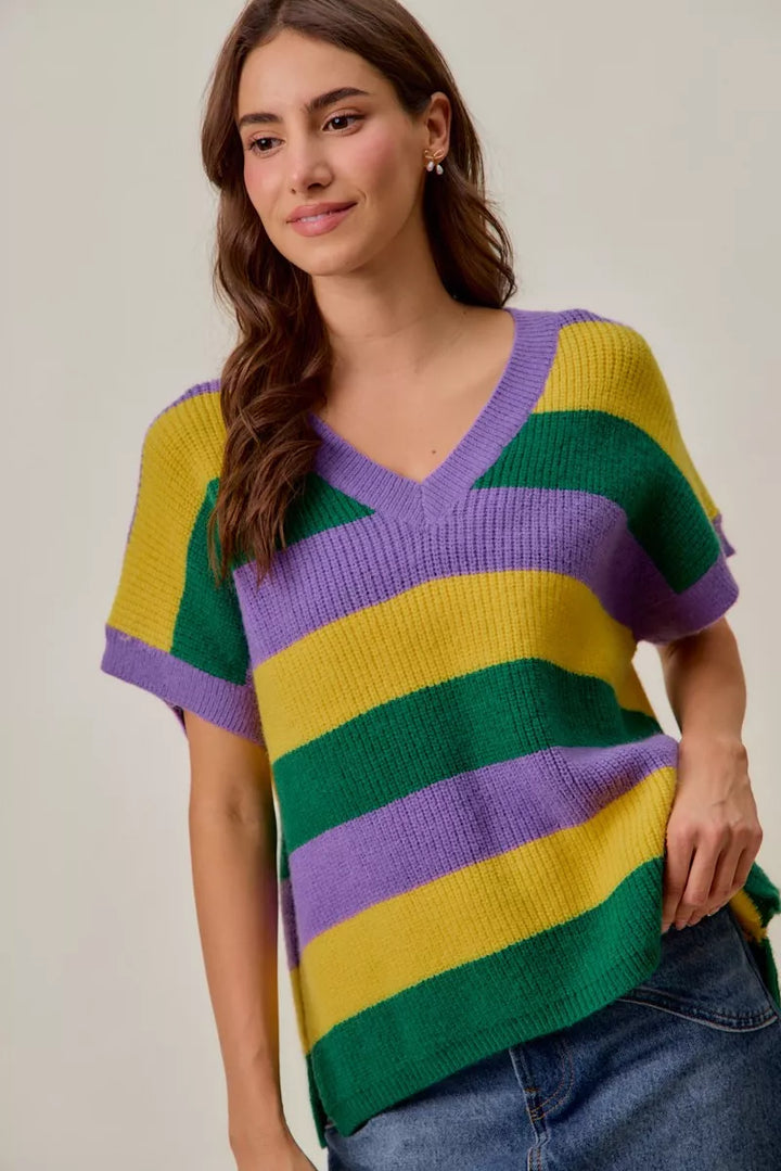 Ribbed striped V-neck short sleeve sweater top
