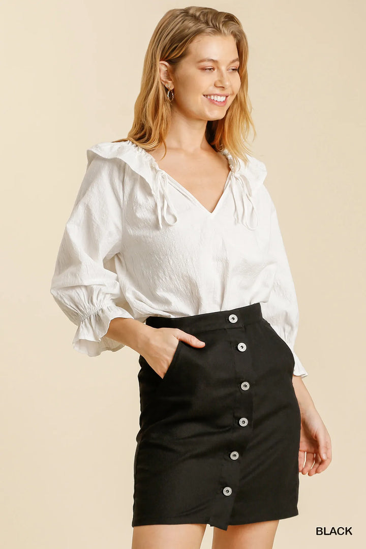 Black High-waist button-front mini skirt with pockets