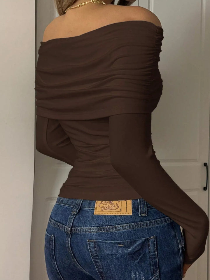 Off-shoulder ruched long sleeve fitted top