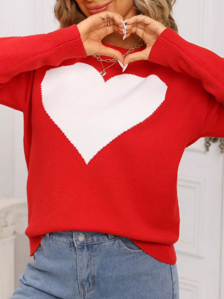 Heart intarsia dropped-shoulder crewneck sweater