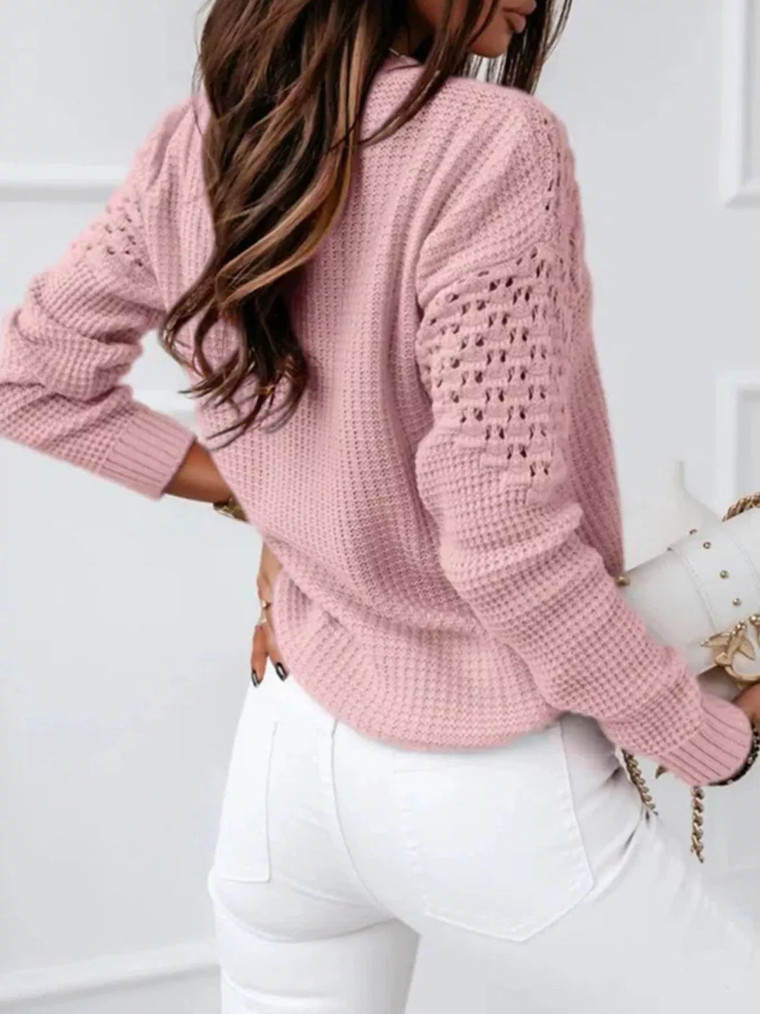 Textured openwork knit round neck sweater