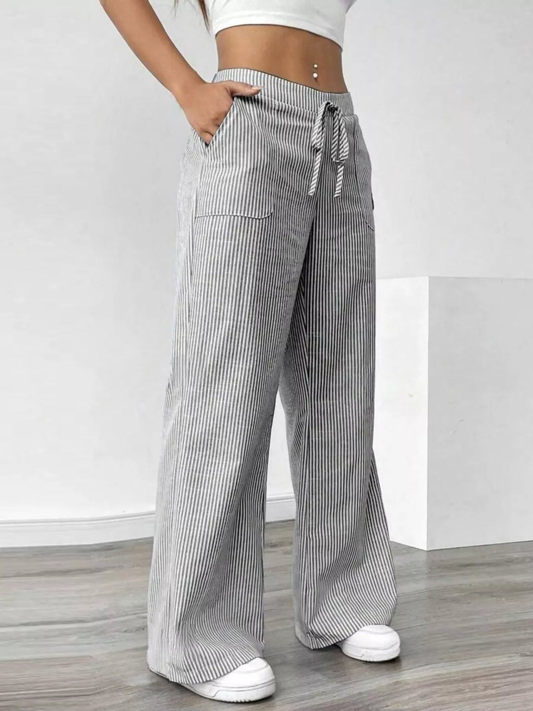 Pinstripe wide-leg pants with drawstring waist