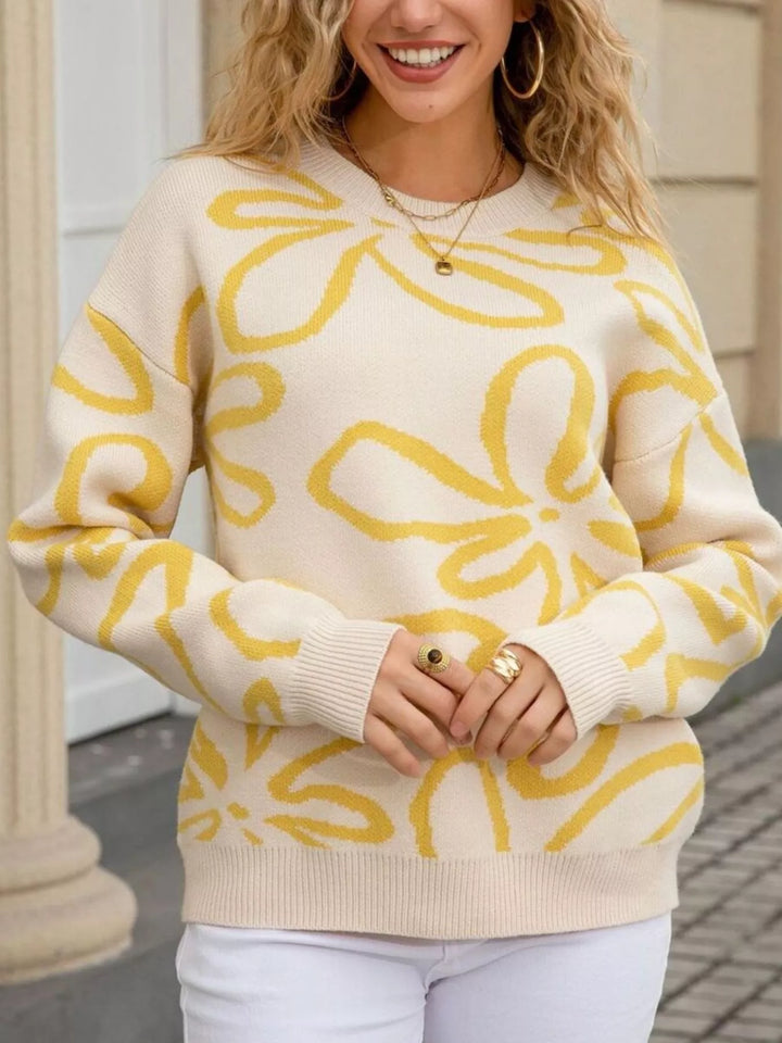 Apricot Floral print crew neck knit sweater with ribbed trim