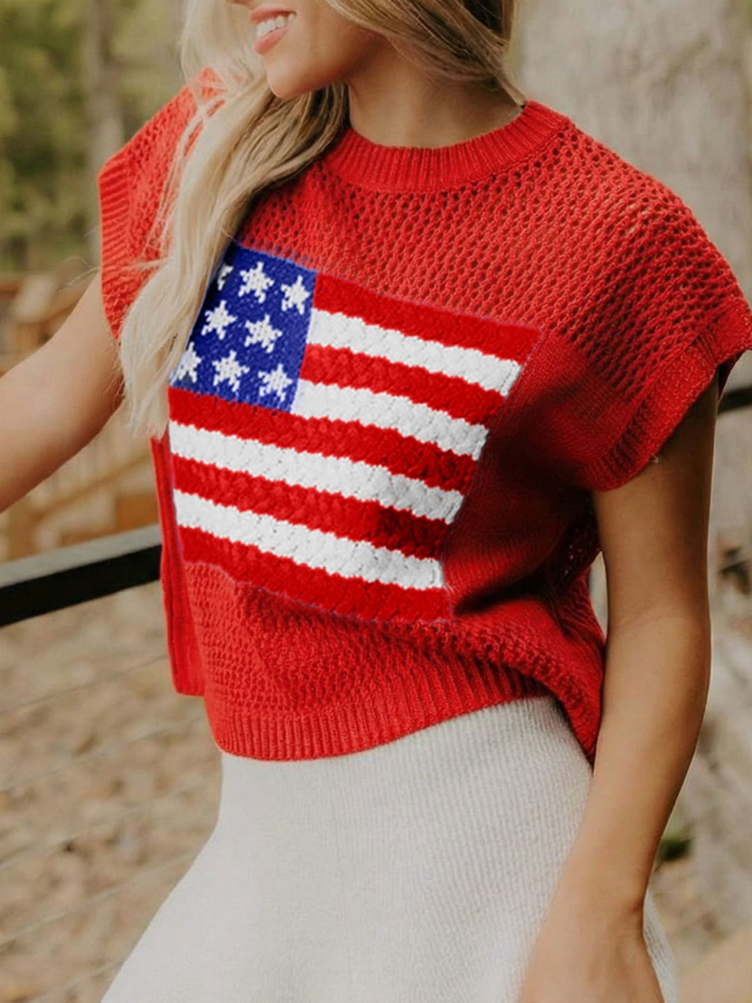 American flag graphic knit short sleeve sweater
