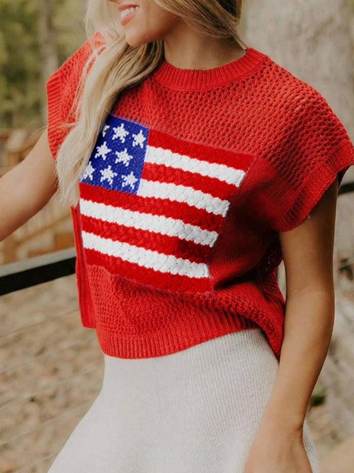 American flag graphic knit short sleeve sweater