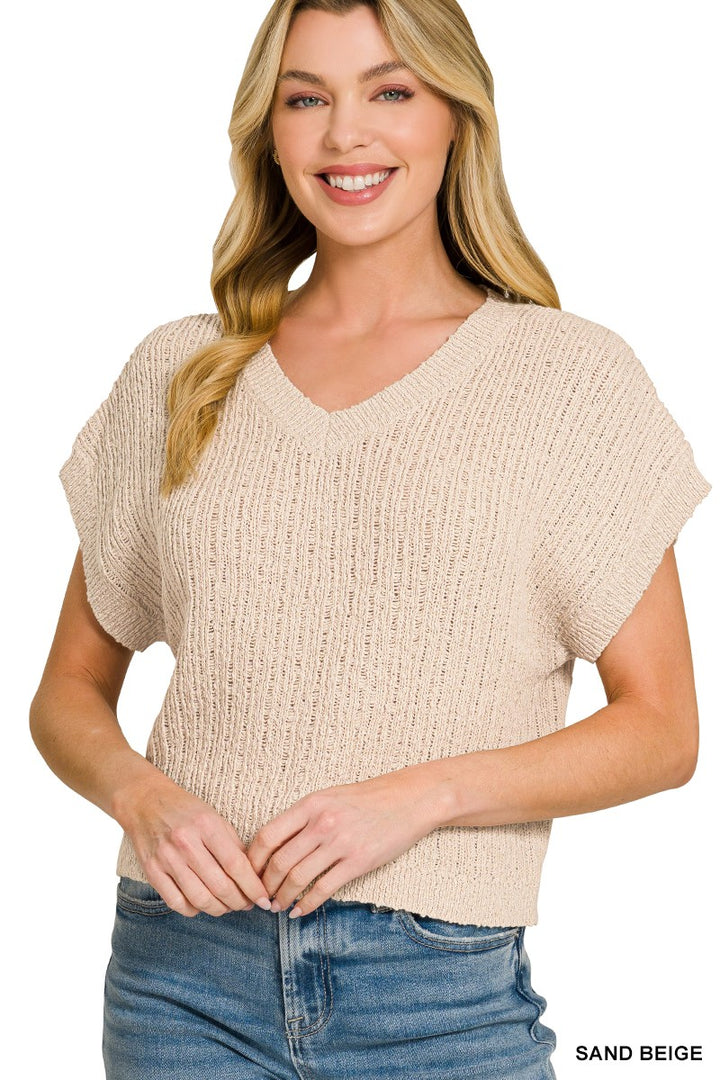 Textured knit cropped V-neck pullover with short sleeves