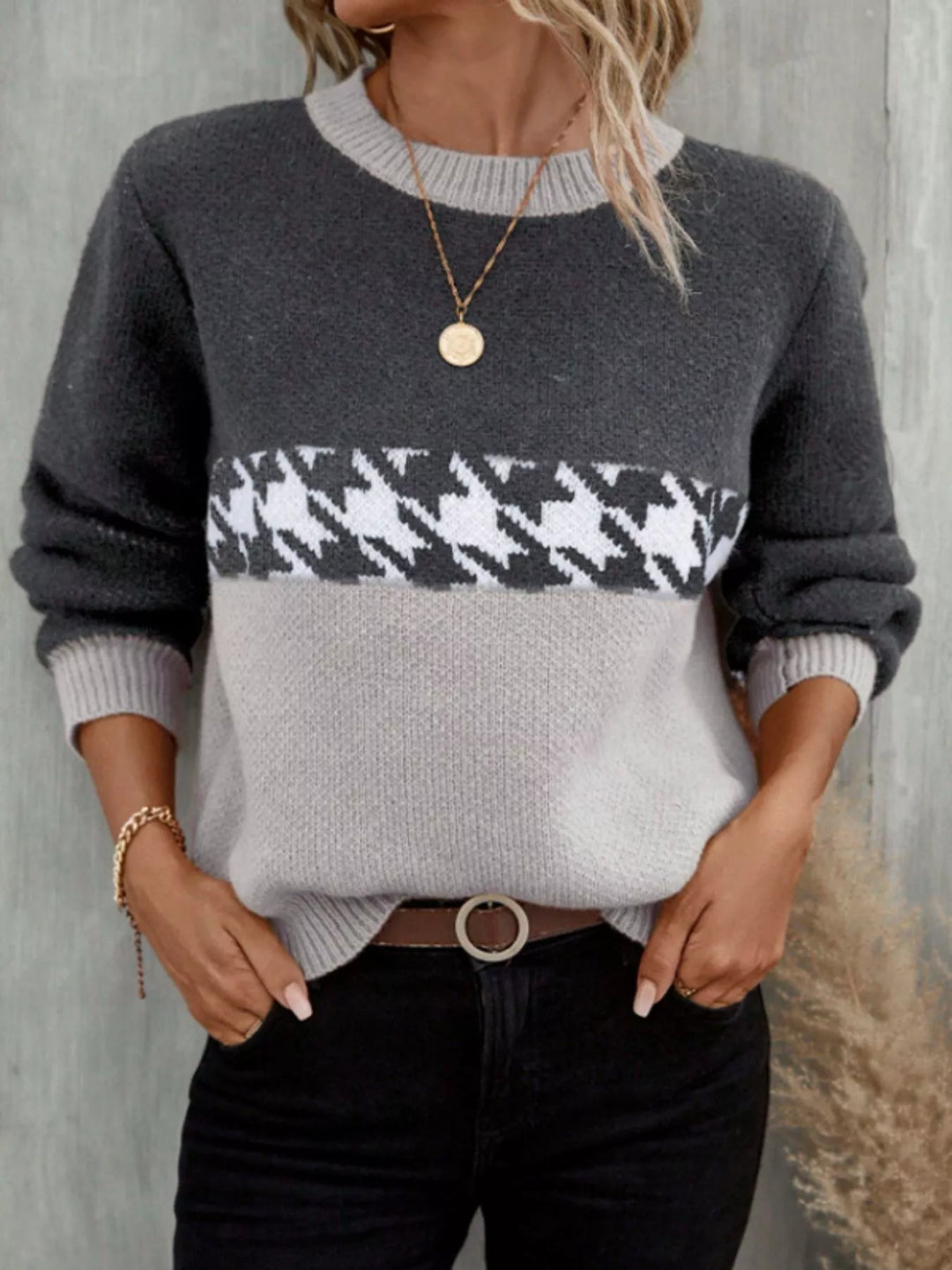 Light Gray Color block houndstooth crew neck sweater