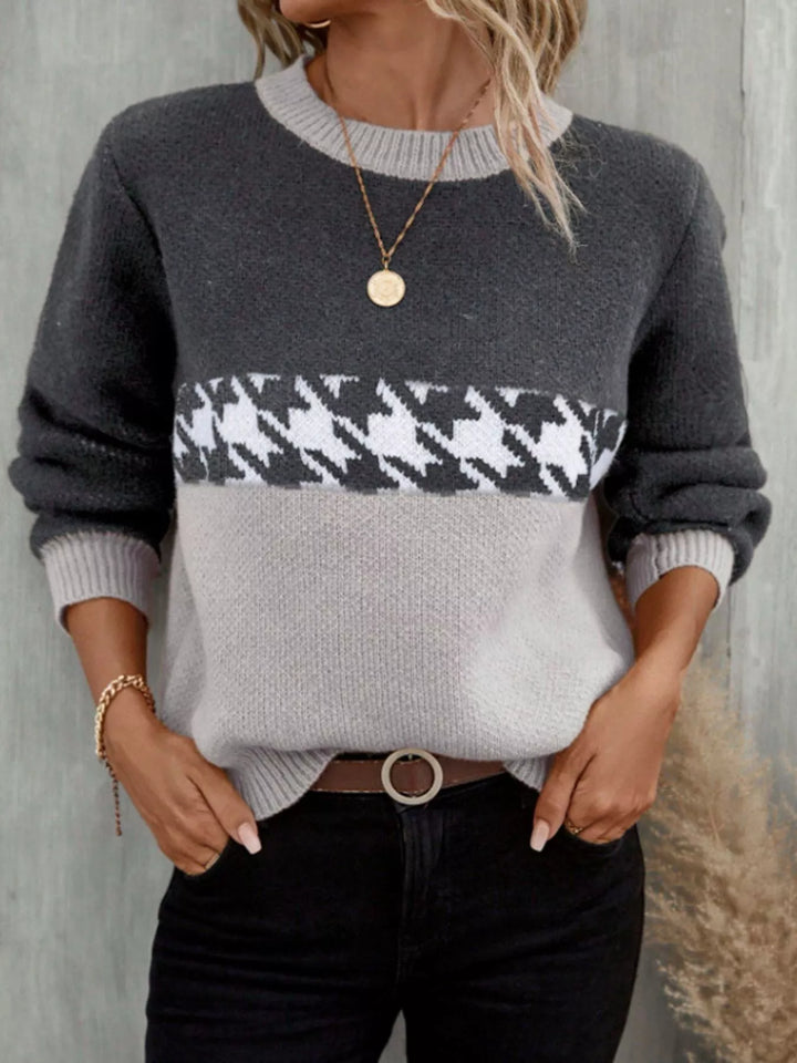 Light Gray Color block houndstooth crew neck sweater