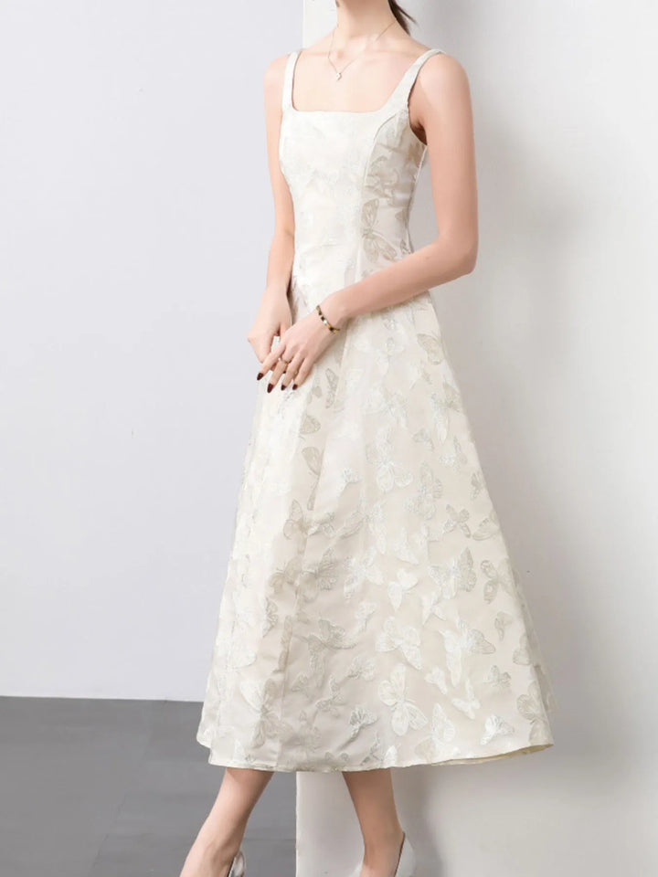Butterfly jacquard square-neck A-line midi dress