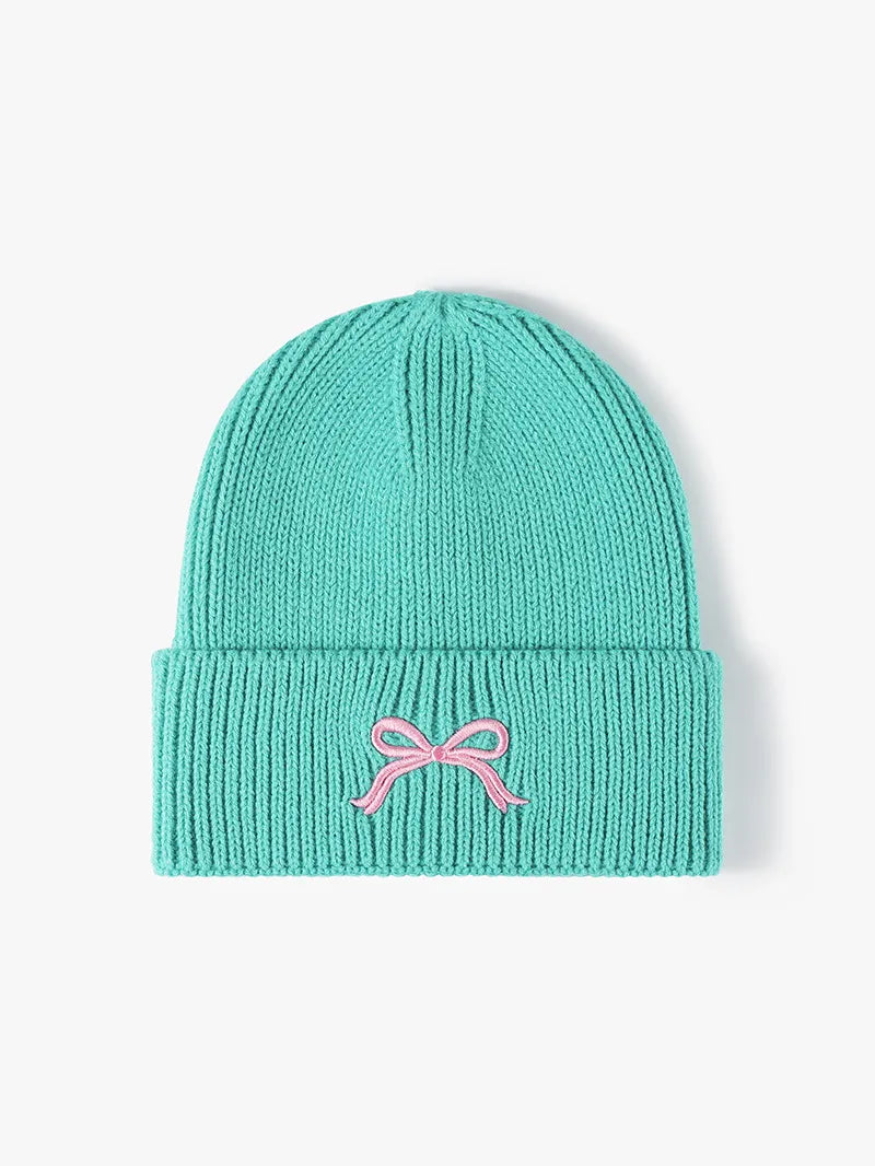 Teal Embroidered bow ribbed knit cuffed beanie hat