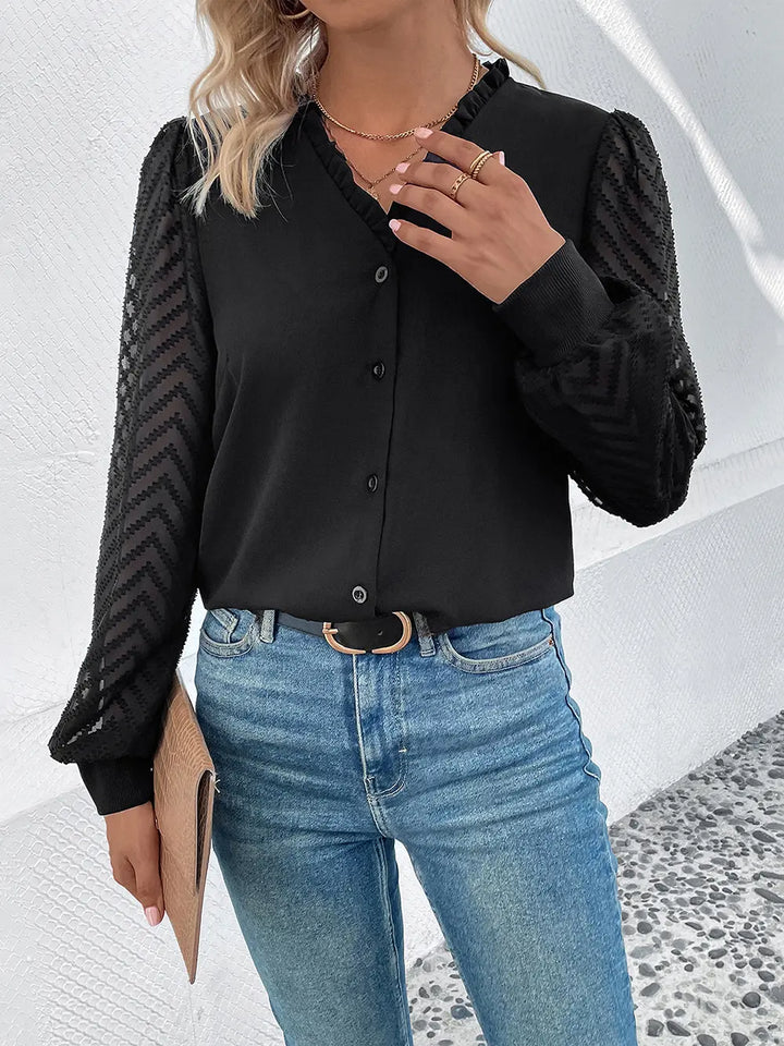 Sheer lace sleeve V-neck button-front blouse