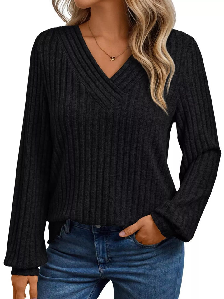Black Ribbed knit v-neck top with blouson sleeves