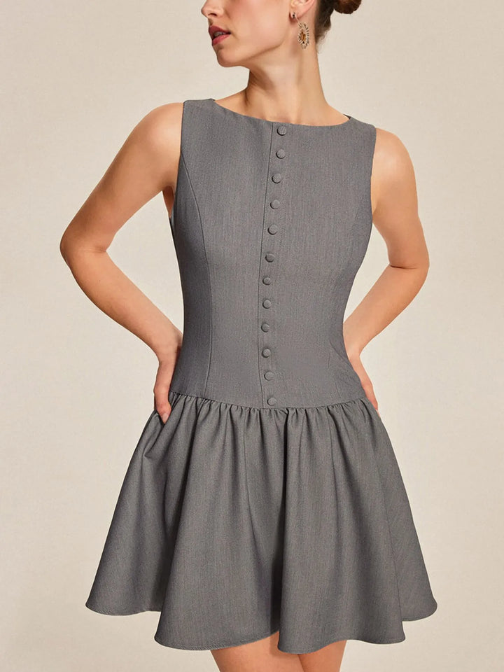 Boat neck sleeveless button-front drop-waist mini dress