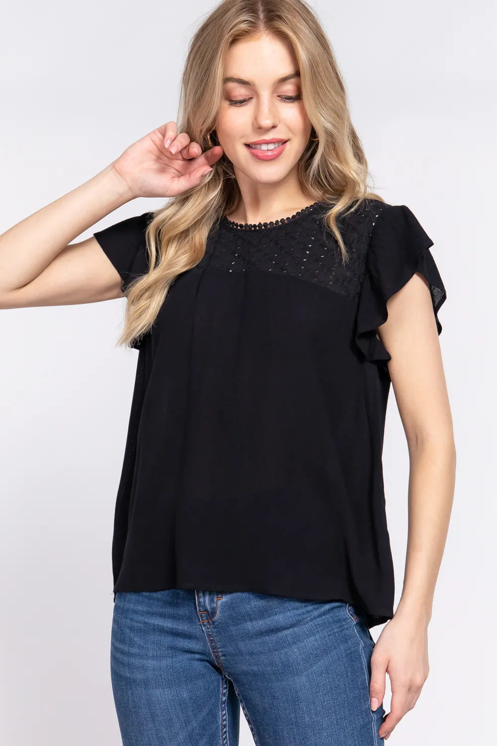 Black Ruffle flutter sleeve blouse with crochet yoke