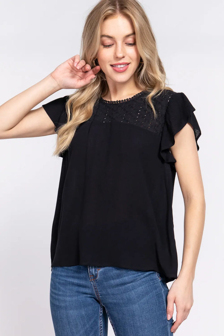 Black Ruffle flutter sleeve blouse with crochet yoke