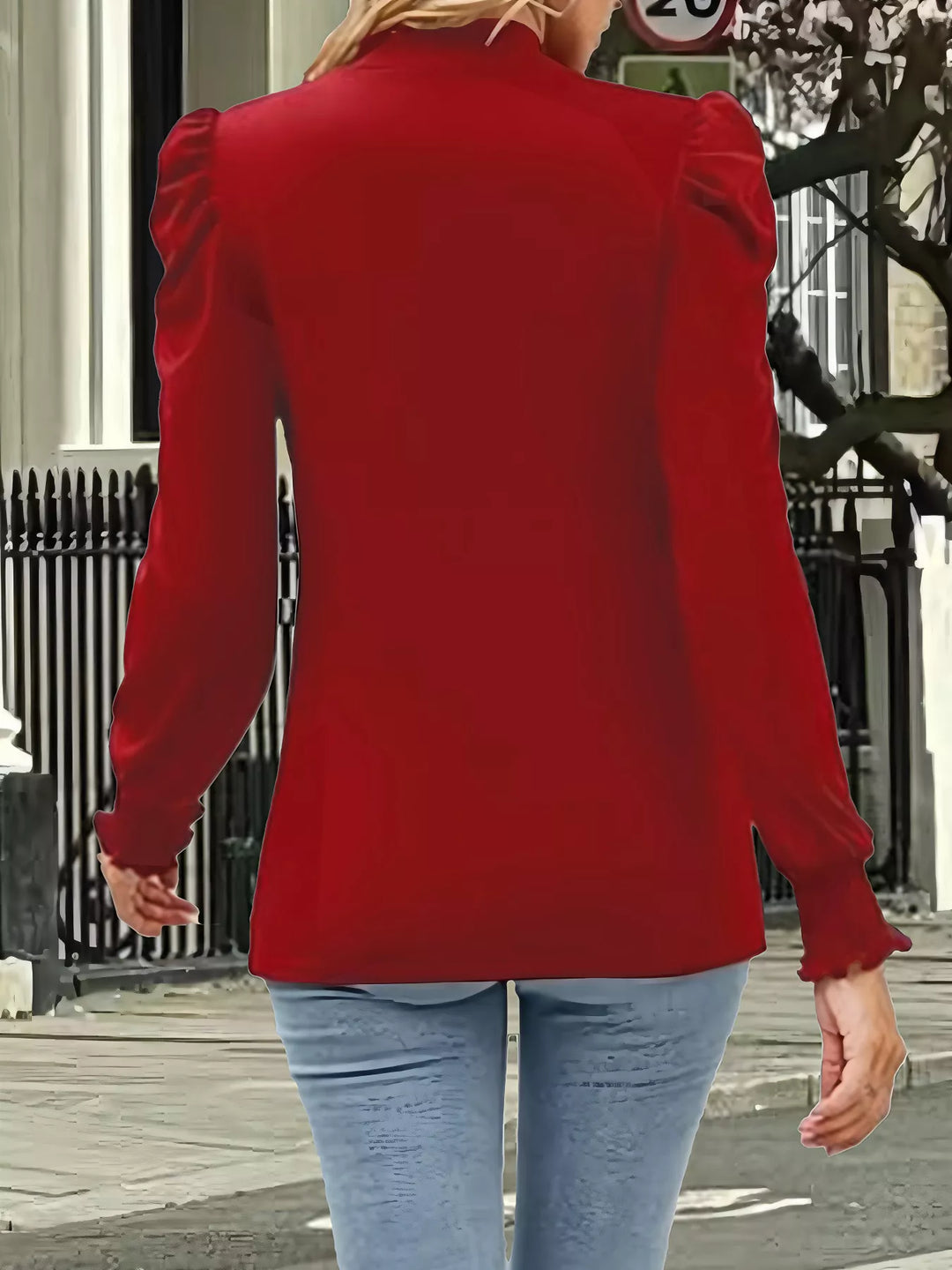 Mock neck puff sleeve blouse with smocked cuffs