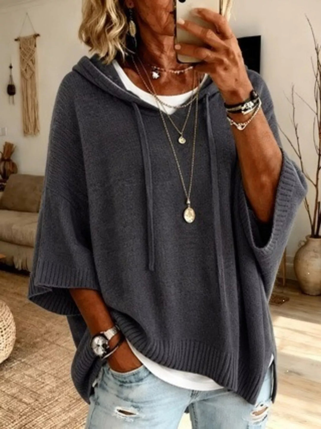 Gray Oversized hooded sweater with drawstring and ribbed trim