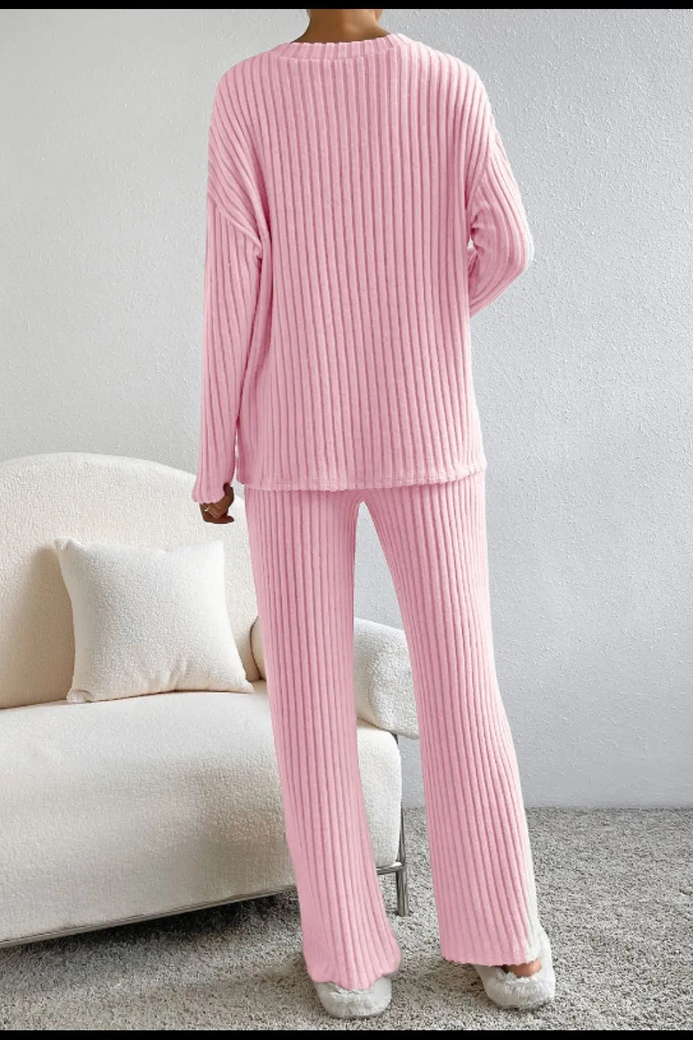 Ribbed knit V-neck top and wide leg pants lounge set