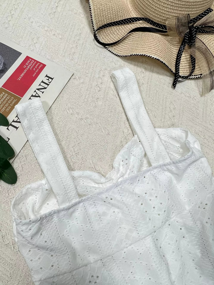 Eyelet cami with drawstring tie-front and sweetheart neckline