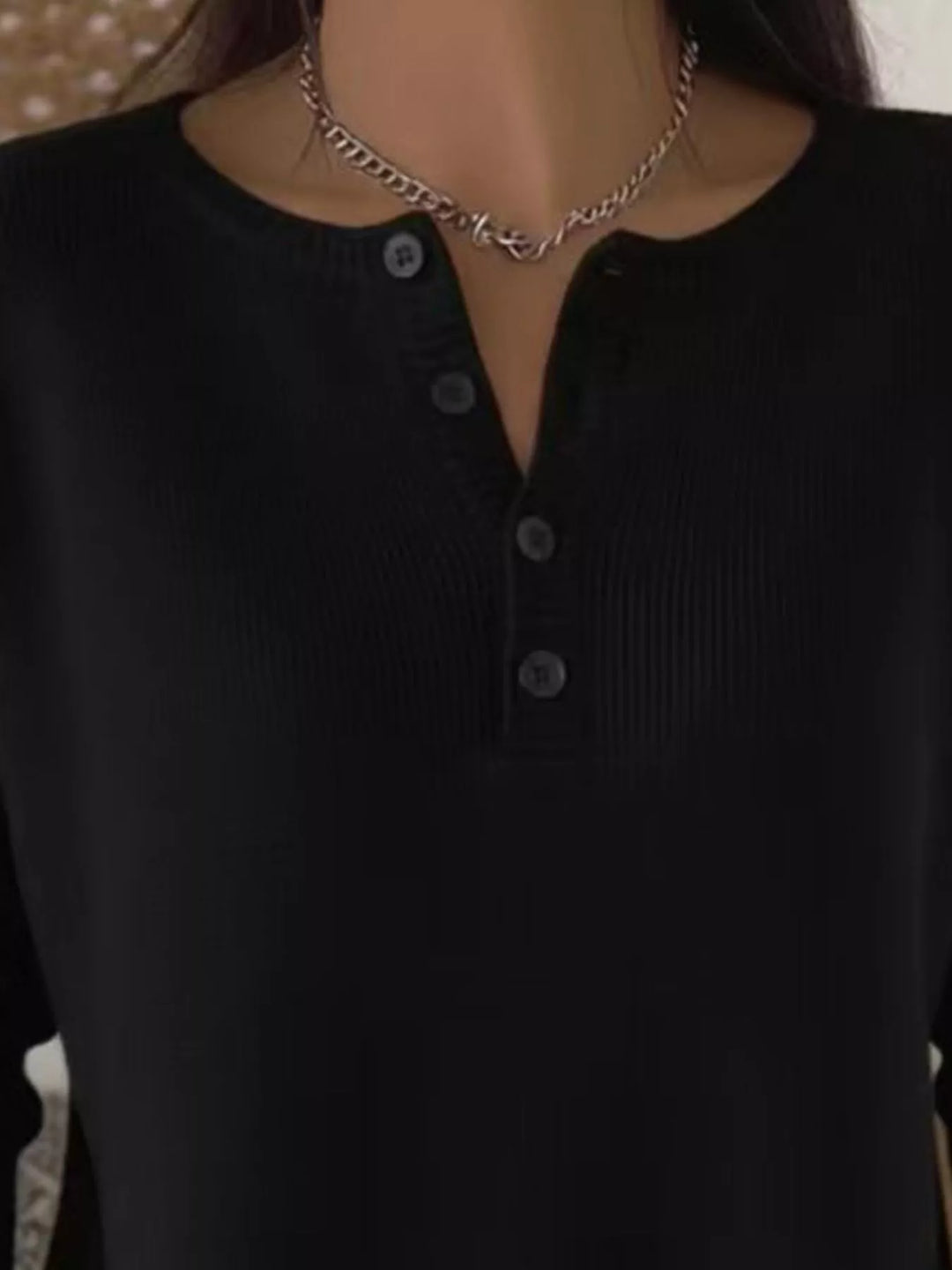 Henley button knit sweater with ribbed trim