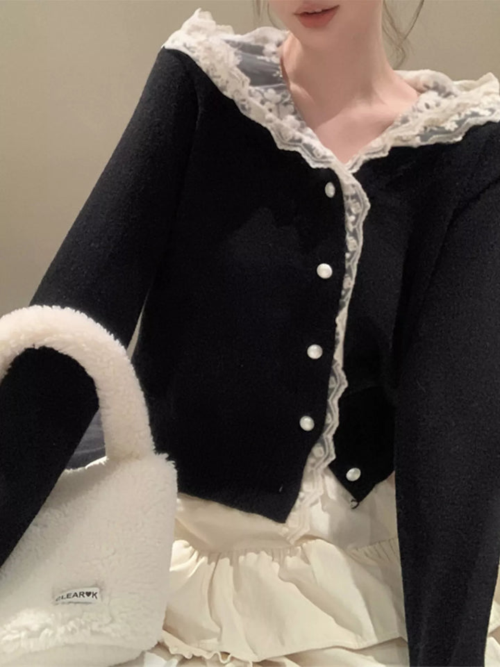 Lace collar knit cardigan with pearl buttons