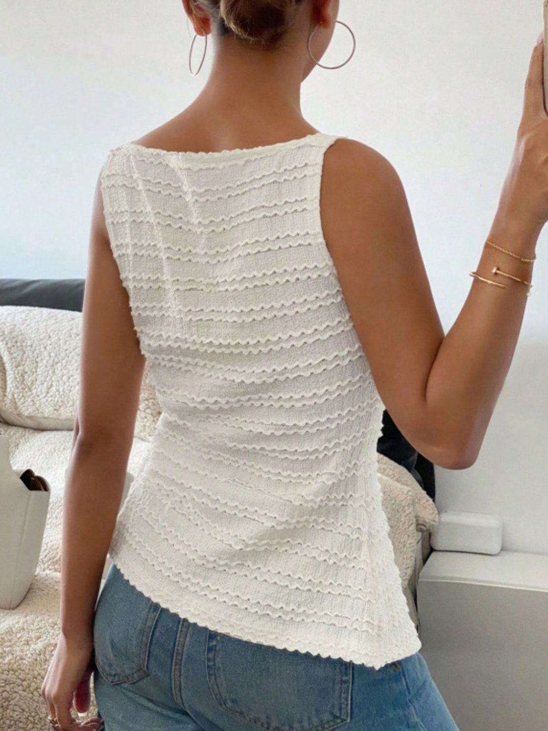 Textured button-front tank with square neck and split hem
