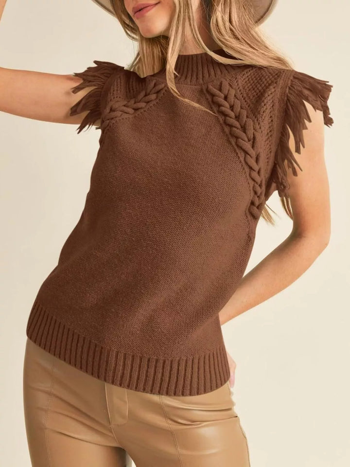 Fringe-trim braided cable knit mock neck sweater top