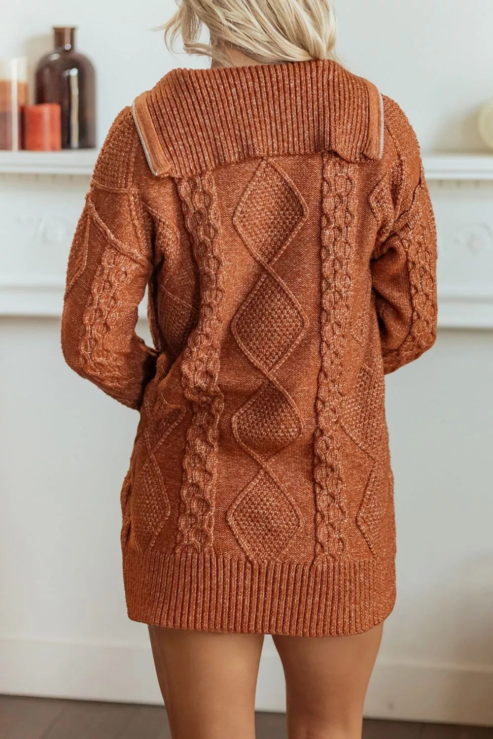 Cable knit quarter-zip mini sweater dress with drop shoulders
