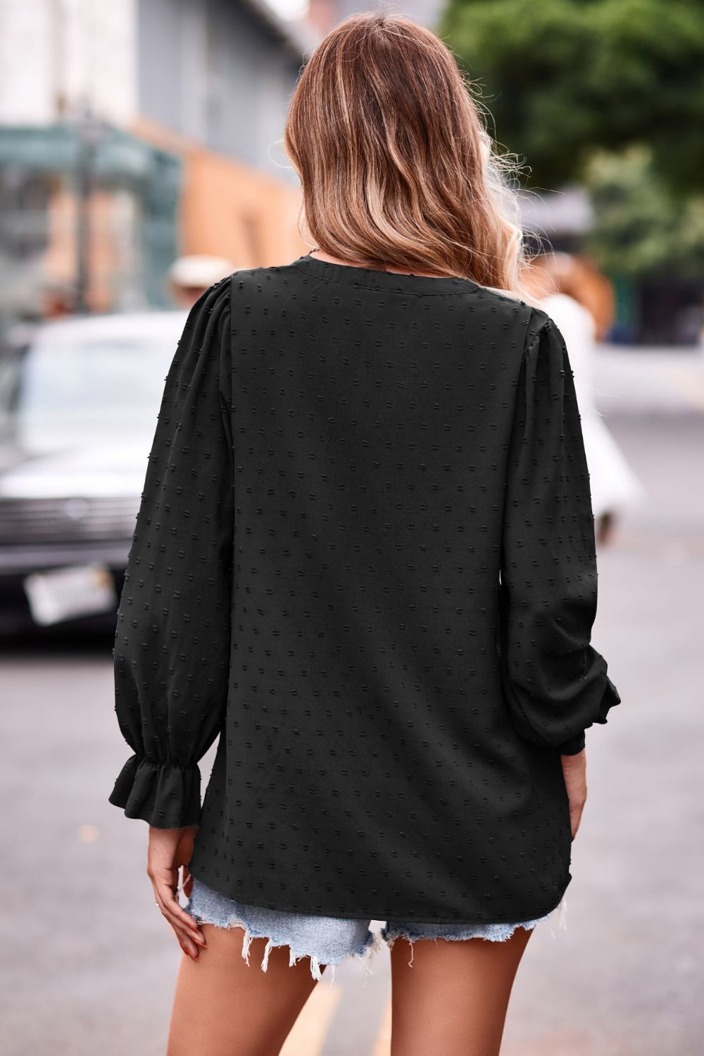 Swiss dot notched neck blouse with flounce sleeves