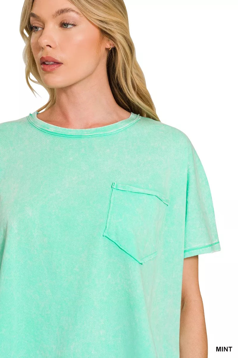 Acid-wash oversized short sleeve tee with chest pocket
