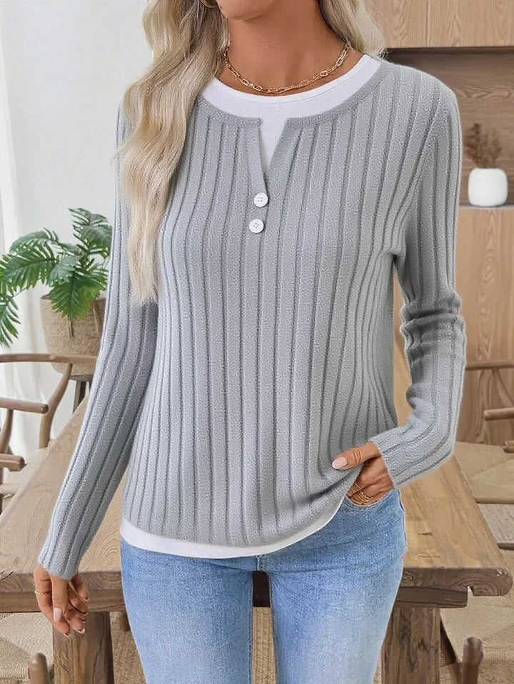 Ribbed knit long sleeve henley with contrast trim