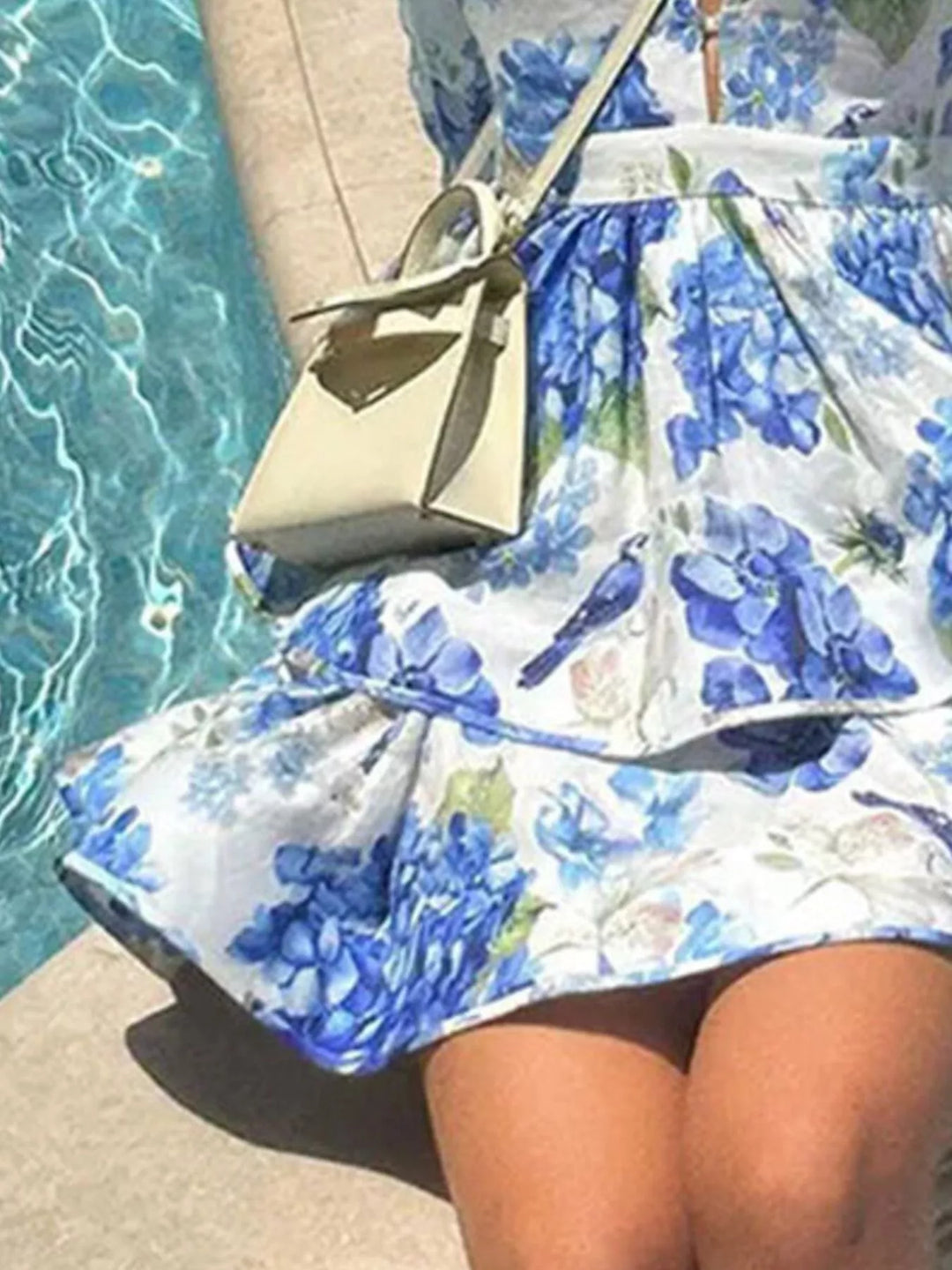 Floral puff sleeve plunge V-neck tiered mini dress