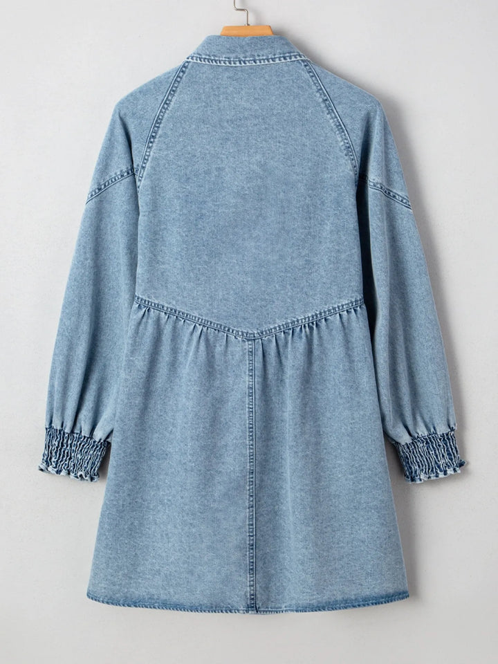 Tiered denim shirt dress with smocked cuffs and side pockets