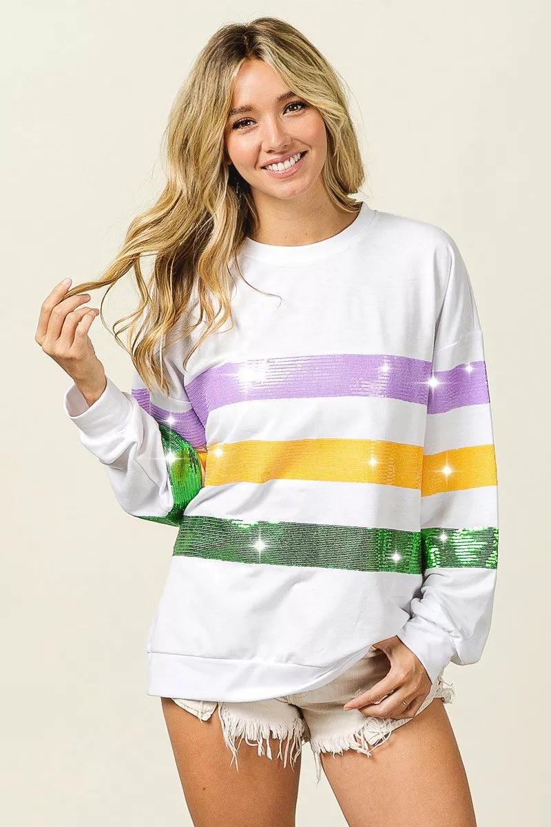 Sequin stripe Mardi Gras crewneck sweatshirt