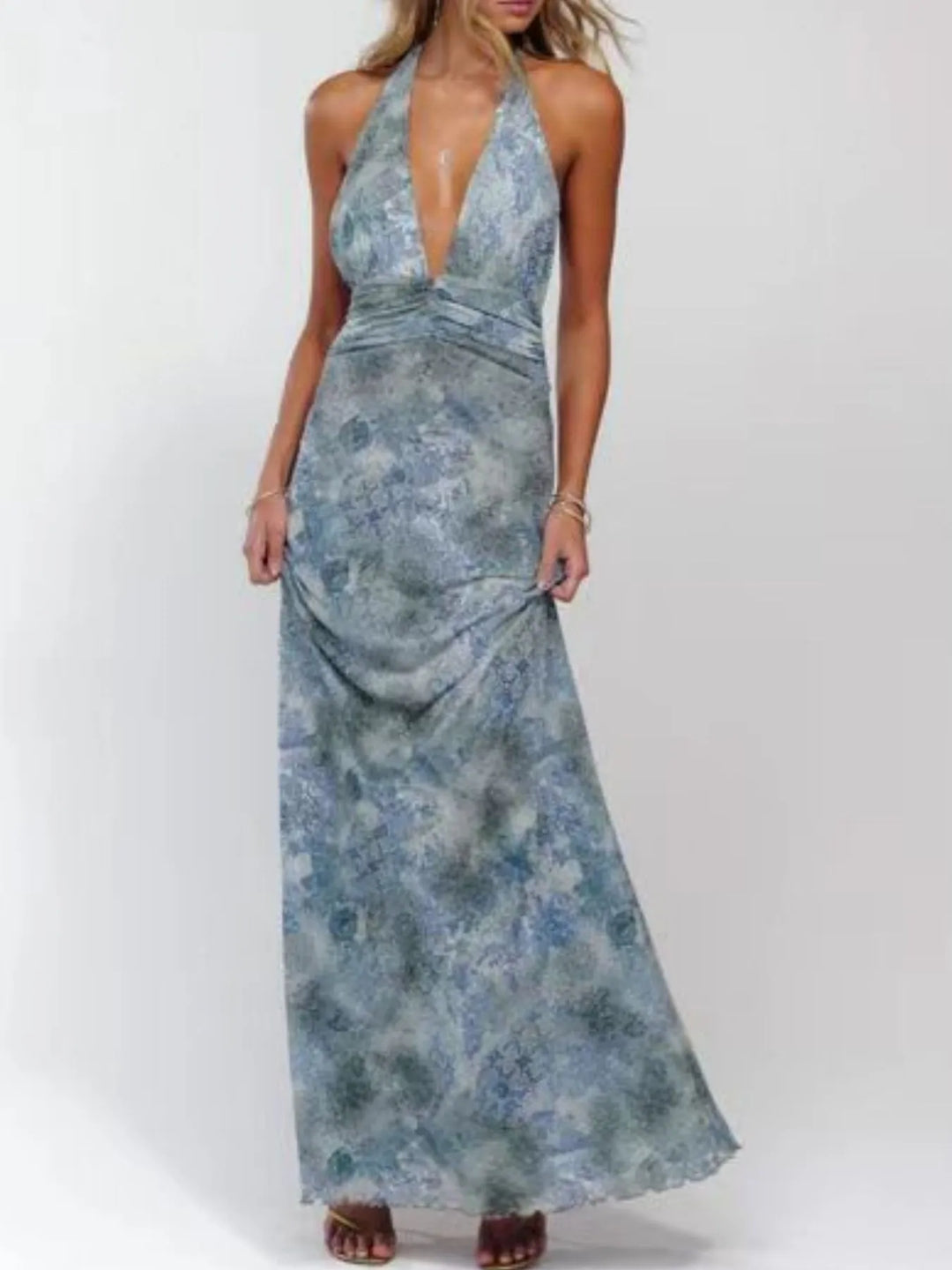 Sea blue Backless floral halter deep V maxi dress with ruched waist