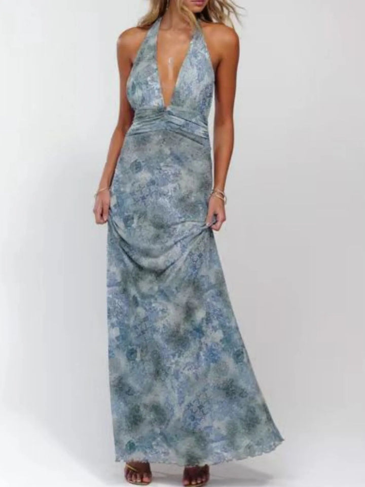 Sea blue Backless floral halter deep V maxi dress with ruched waist