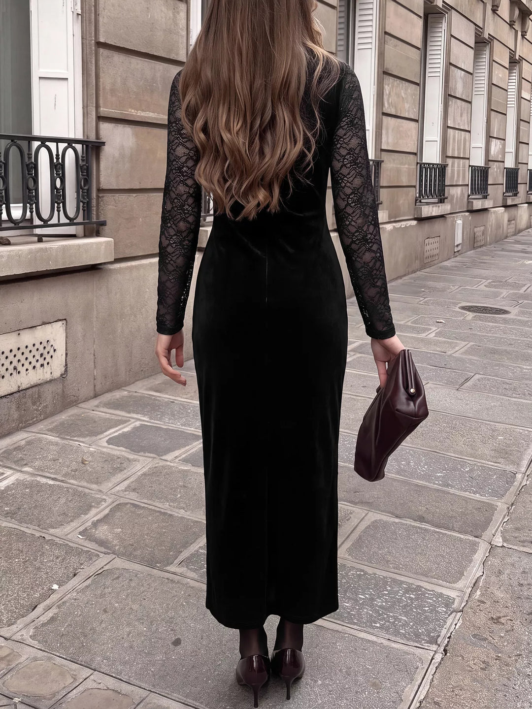 Lace bodice velvet midi dress with long sheer sleeves
