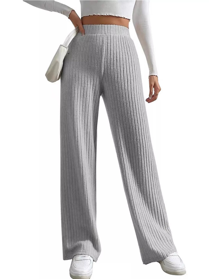 Light Gray Ribbed knit wide-leg sweater pants with elastic high-rise waist