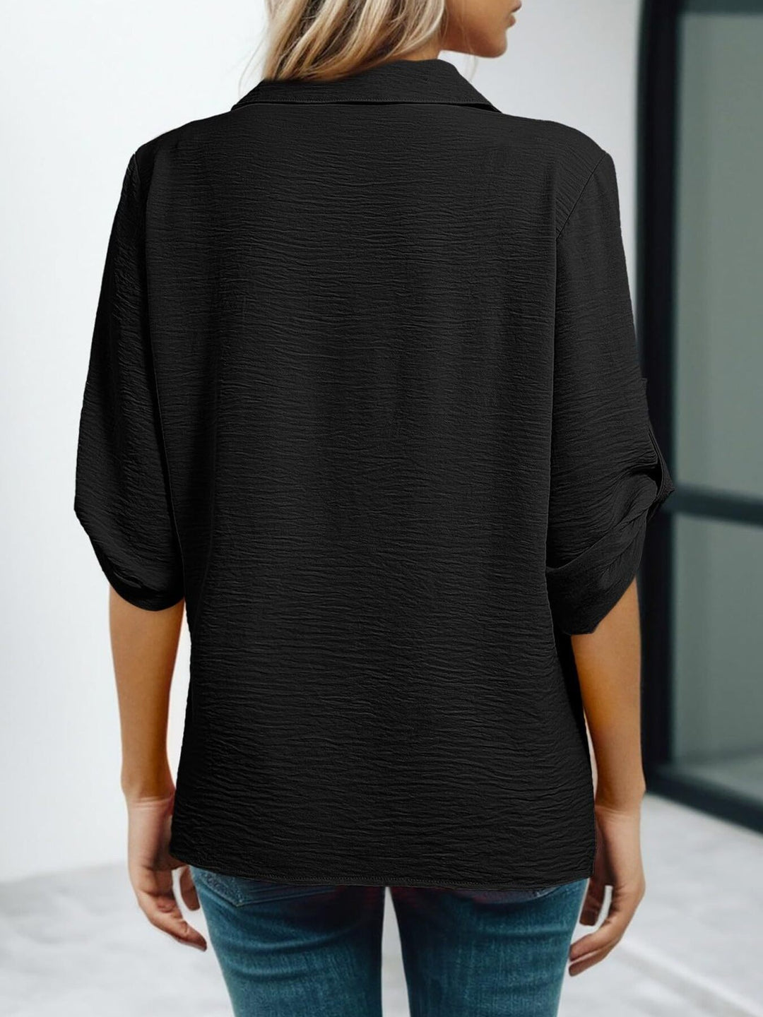 Johnny collar blouse with crochet lace trim and roll-tab sleeves