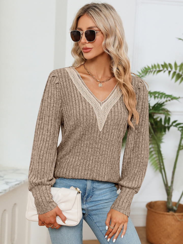 Lace-trim V-neck ribbed knit long sleeve blouse