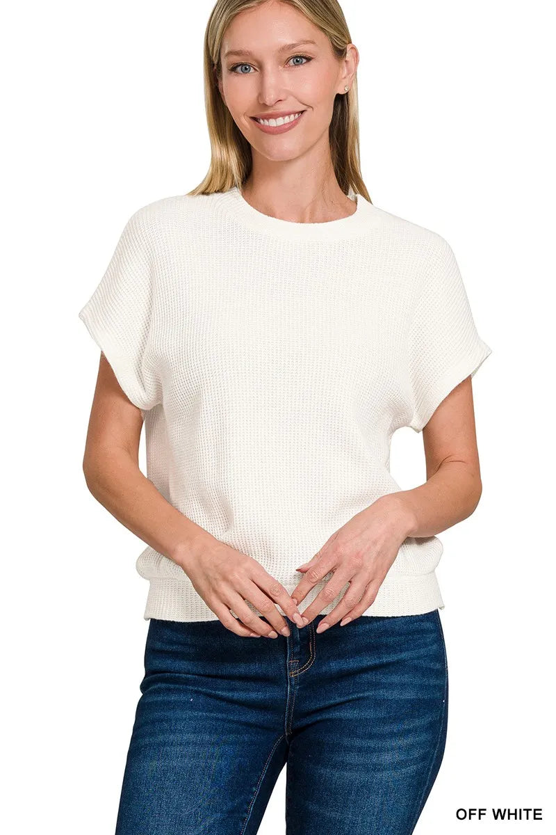OFF WHITE Waffle knit short sleeve sweater with banded hem