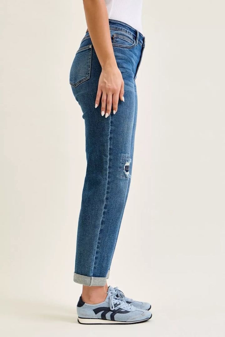 Mid-rise boyfriend jeans with embroidered repair patch