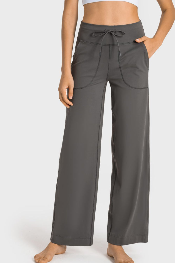High-waist drawstring wide leg pants with patch pockets